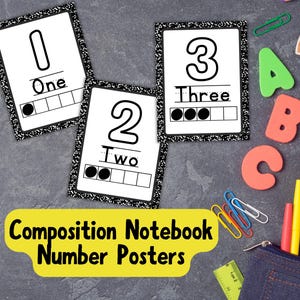 Puede incluir: Carteles educativos con los números uno, dos y tres, diseñados para parecerse a cuadernos de composición. Cada cartel tiene un borde moteado en blanco y negro, con el número y la palabra en letras negras grandes. Incluyen una representación visual.