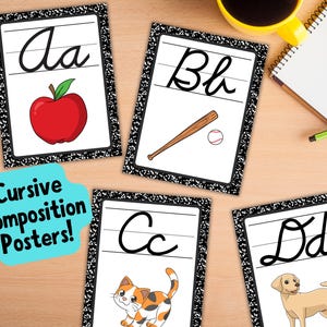 May include: Cursive composition posters featuring the letters A, B, C, and D. Each poster displays a cursive letter with a corresponding image: an apple, baseball bat and ball, a cat, and a dog. The posters have a black and white composition notebook border.