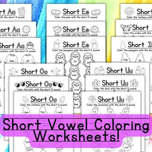 May include: Black and white printable worksheets for children to colour in pictures of various objects and practise short vowel sounds. The worksheets include the letters A, E, I, O, and U. Each worksheet has a title with the short vowel sound and instructions to colour the pictures with the short vowel sound.