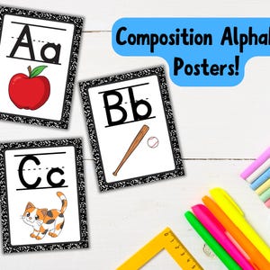 Composition Notebook Theme Alphabet Posters in Large and Small Size Black and White Composition Book Inspired Decor for Elementary Classroom