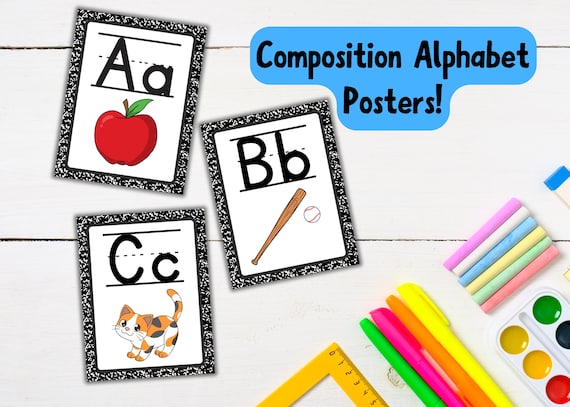 Composition Notebook Alphabet Posters with Pictures, Elementary Classroom Decor