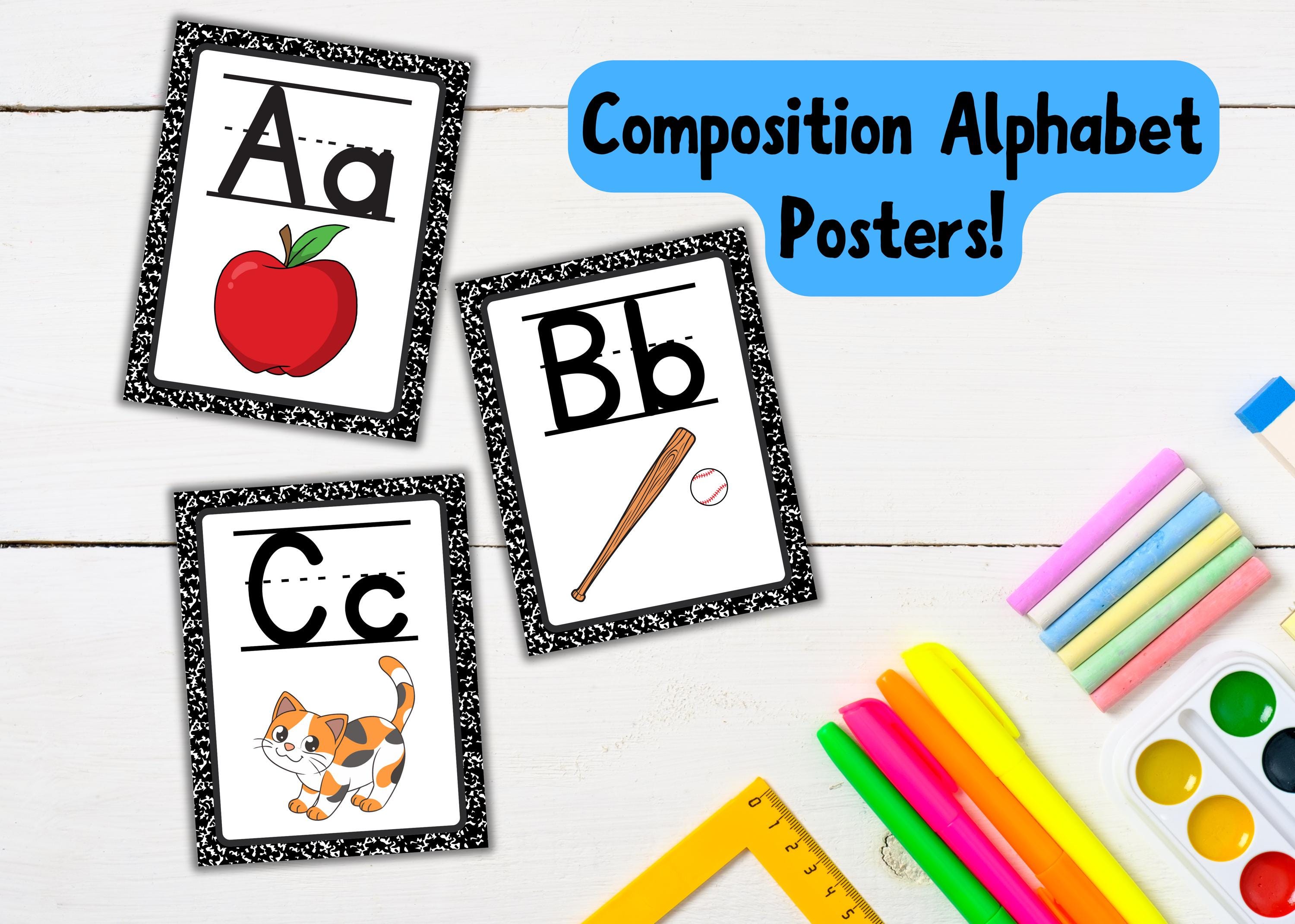 Komposition Notebook Thema Alphabet Poster in großen und kleinen Schwarz Weiß Komposition Buch inspiriert Dekor für Grundschulklassen