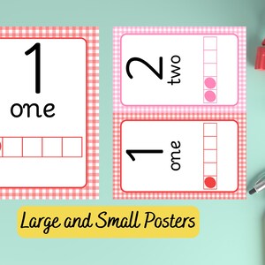 May include: Educational posters with numbers 1 and 2, featuring the written words and corresponding dots. The posters have a white background with a red gingham border. The text "Large and Small Posters" is at the bottom.