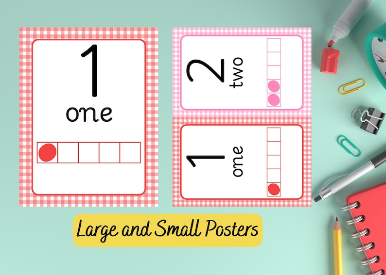May include: Educational posters with numbers 1 and 2, featuring the written words and corresponding dots. The posters have a white background with a red gingham border. The text "Large and Small Posters" is at the bottom.