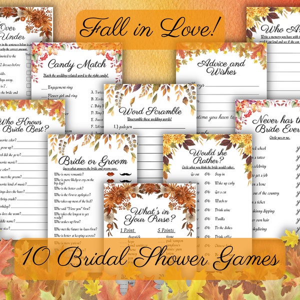 Fall in Love Bridal Shower Games Bundle Autumn Themed Bride Activities Cute October November Theme Ideas for Showers Answer Keys Included