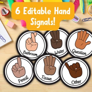 Könnte beinhalten: Kreisförmige Handzeichen mit schwarzen Rändern und weißen Hintergründen. Jedes Schild zeigt eine Handgeste und ein Wort: Badezimmer, Wasser, Frage, Bleistift, Taschentuch und Sonstiges. Das Bild enthält auch den Text "6 Bearbeitbare Handsignale!"
