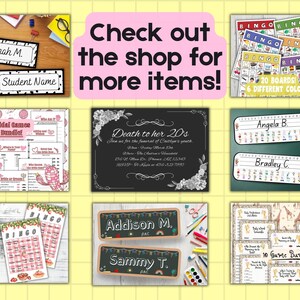 May include: A collection of printable items, including name tags, bridal shower games, bingo cards, and a funeral invitation. The text "Check out the shop for more items!" is displayed in a pink bubble. The items are arranged on a yellow grid background.