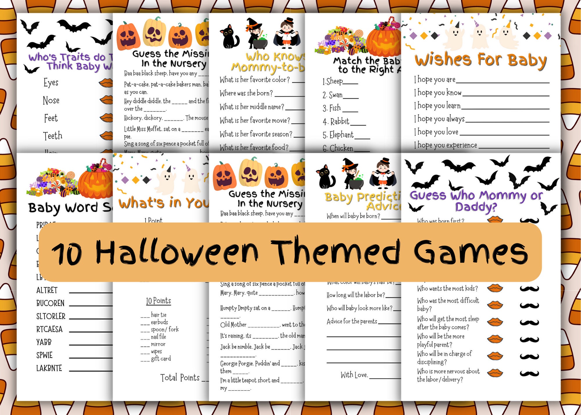 10 Halloween Themed Baby Shower Games Fun Fall Game Set in 5 Styles for