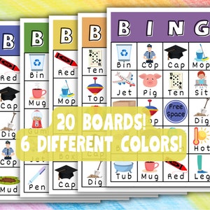 20 tableros de juego de bingo con imágenes CVC para jardín de infantes o preescolar Juegos para aprender a leer Palabras de 3 letras con imágenes Tarjetas de artículos incluidas