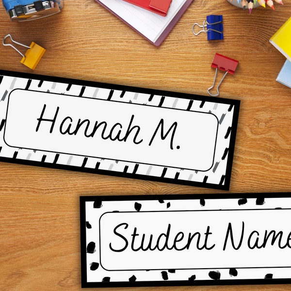 Editable Black and White Student Name Tags Template in 5 Styles Elementary B&W Nameplates Minimalist Simple Cute School Desk Nametags PDF