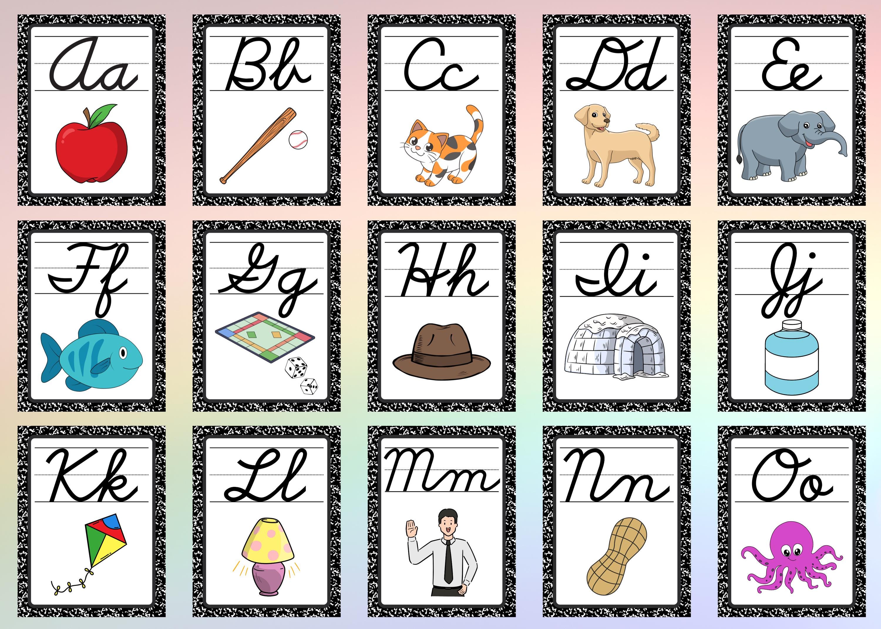 Cursive Visual Cursive Alphabet Classroom Posters | Composition Book Themed Black and ...