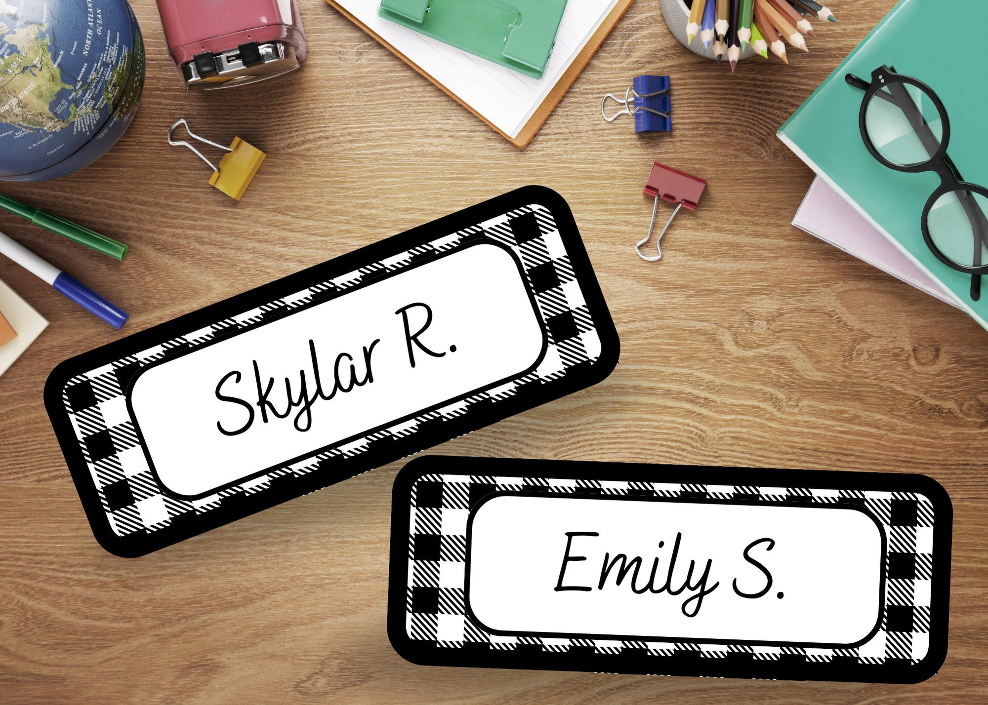 Class Name Tags Template Black and White Checkered Flannel Themed ...