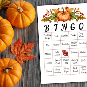 Lindos tableros de bingo para baby shower con temática otoñal, 50 unidades, precargados para bebés de otoño, ideas sencillas para baby showers con calabazas y hojas.