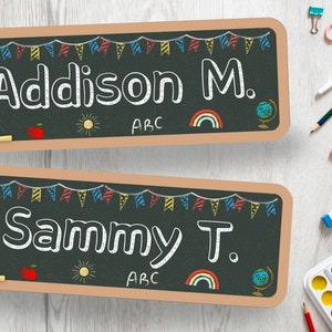 Black and White Chalkboard Themed Name Tags for Elementary Classroom Cute B&W colored Chalk Nametags Editable School Student Nameplates