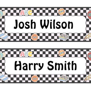 May include: Two name tags with a black and white checkered background. The top tag reads "Josh Wilson" in large black letters. The bottom tag reads "Harry Smith". Each tag has colorful illustrations of school-themed objects.