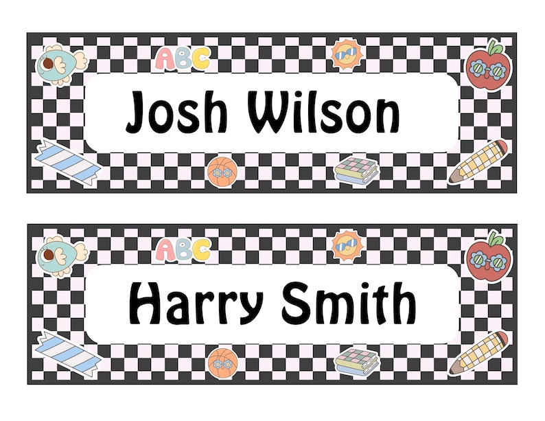 May include: Two name tags with a black and white checkered background. The top tag reads "Josh Wilson" in large black letters. The bottom tag reads "Harry Smith". Each tag has colorful illustrations of school-themed objects.