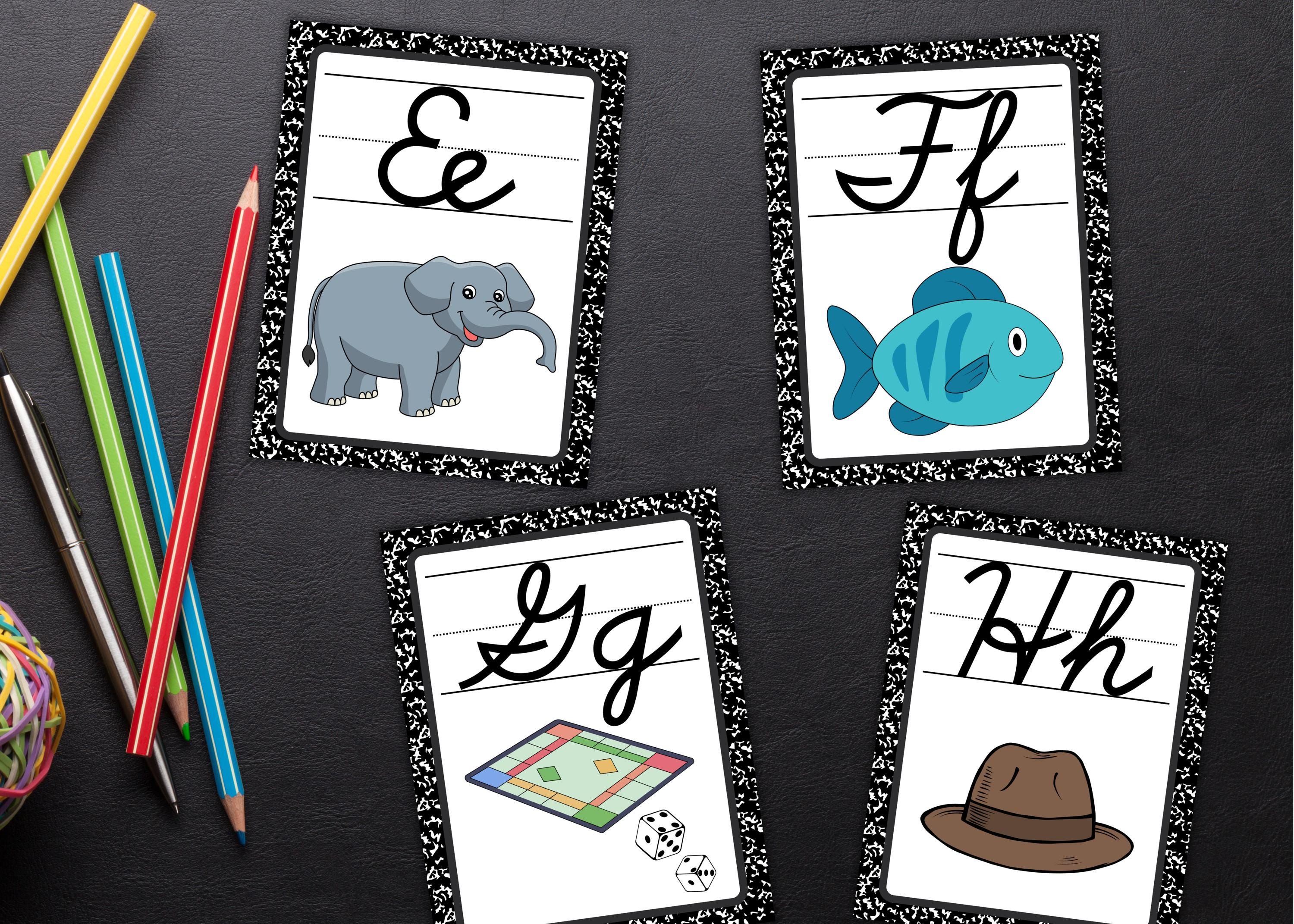 Cursive Visual Cursive Alphabet Classroom Posters | Composition Book Themed Black and ...
