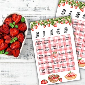 Bingo pour baby shower sur le thème des baies sucrées 50 plateaux de jeu préremplis Showers de fruits rouges sur le thème des fraises activités Téléchargement numérique