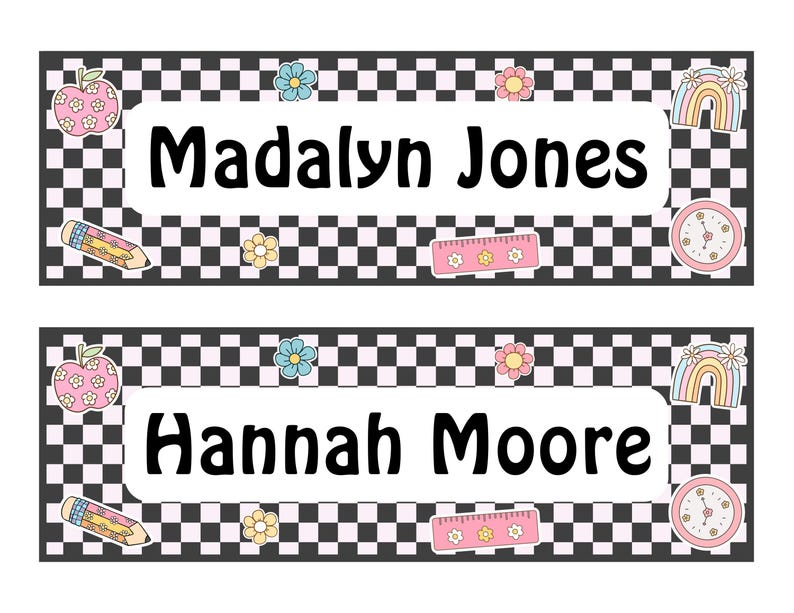 May include: Two name tags with a black and white checkered border. Each tag has a white center with a name in bold black letters. Decorative elements include a pencil, apple, flowers, rainbow, and clock.