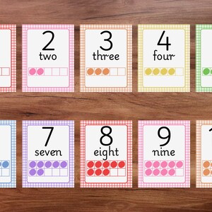 May include: Ten flashcards with numbers 1-10, each with a corresponding word and a ten-frame representation. The cards have a white background with a colored border and a gingham pattern. The numbers are in a bold black font.