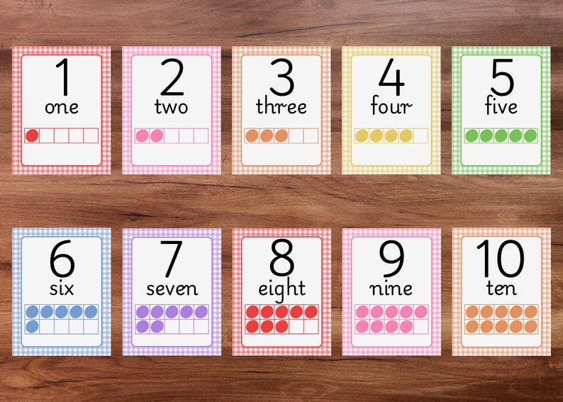May include: Ten flashcards with numbers 1-10, each with a corresponding word and a ten-frame representation. The cards have a white background with a colored border and a gingham pattern. The numbers are in a bold black font.