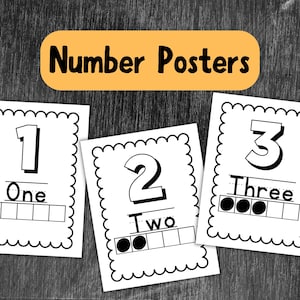 May include: Three black and white printable number posters with the numbers 1, 2, and 3. Each poster has the number, the word for the number, and a row of circles to represent the number.