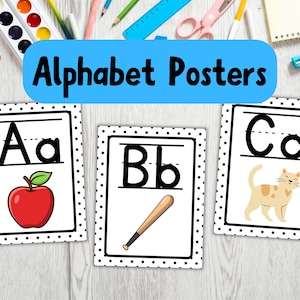 Schwarzweiss-Alphabet-Plakate mit Bildern für Grundschul- oder Vorschul-Klassenzimmer A-Z-Wandkunst Schwarz-Weiß-Lehrerdekor