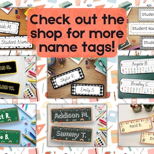 May include: A collection of name tags with various designs and fonts. Some tags have names like "Hannah M." and "Skylar R." The image includes the text "Check out the shop for more name tags!"