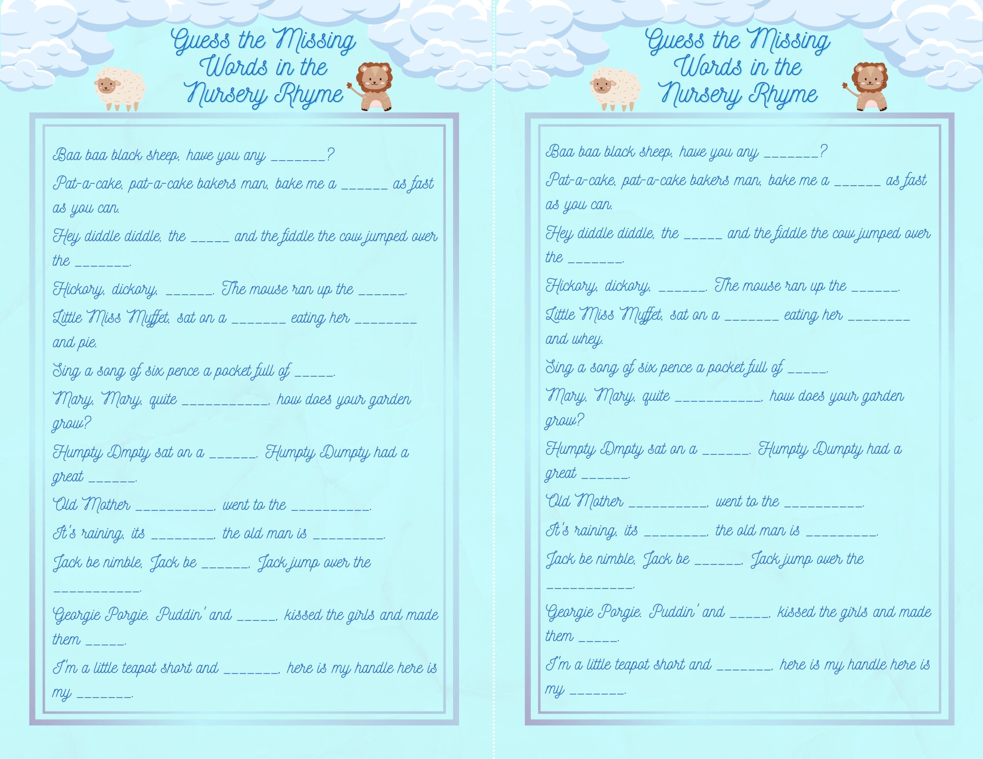 Blue Clouds Baby Shower Nursery Rhyme Game Digital Download Etsy