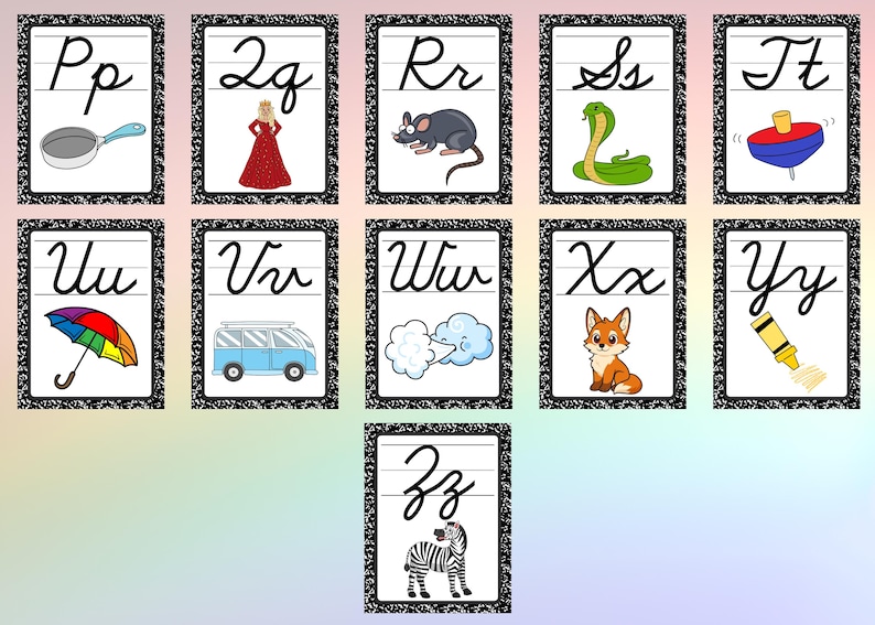 Cursive Foxes Cursive Alphabet Classroom Posters | Composition Book Themed Black and ...