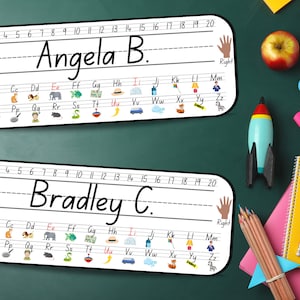 Etiquetas de nome fofas e educativas para sala de aula de jardim de infância ou pré-escola para alunos com o alfabeto e números, letras 30 etiquetas de nome editáveis