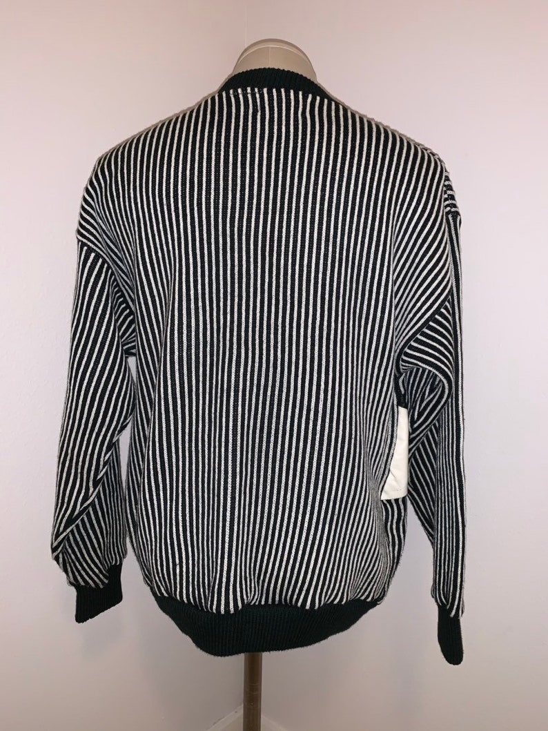Vintage Geometric Leather Cut and Sew Striped Mens Knit Sweater