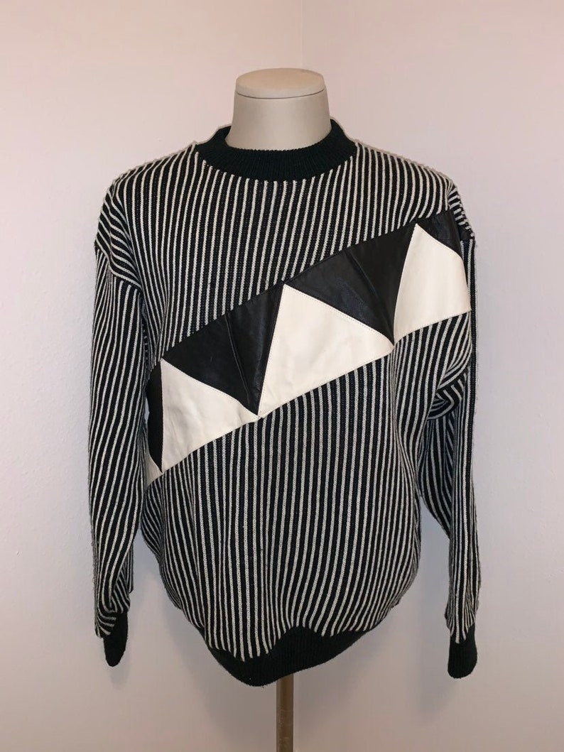 Vintage Geometric Leather Cut and Sew Striped Mens Knit Sweater