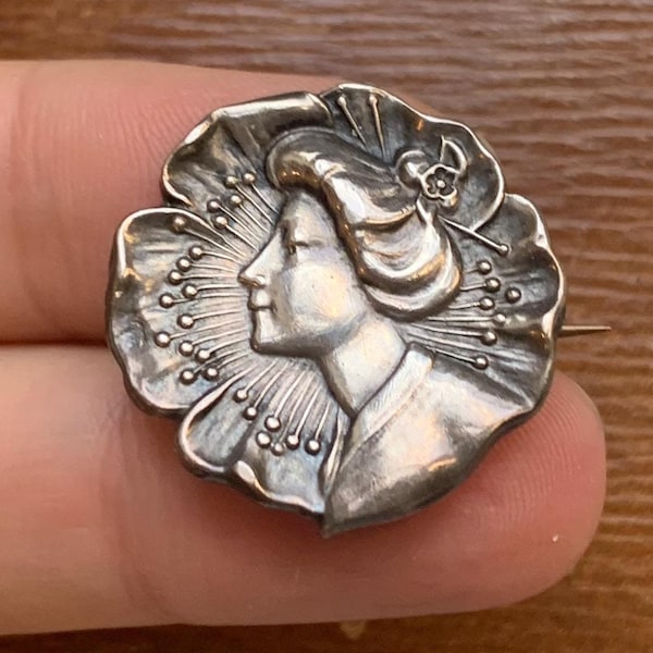 Antike Sterling Silber 925 Frau Porträt Lady Geisha Japonisme Japanische Blume Floral Kirschblüten Brosche Pin