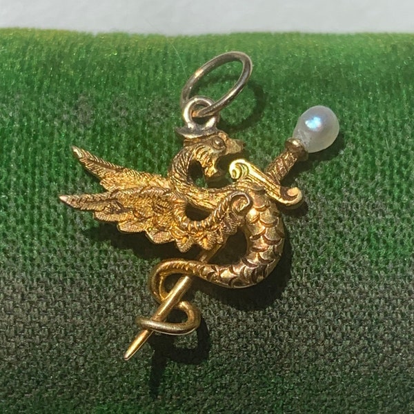 Antique 14K 585 Yellow Gold Riker Bros Pearl Griffin Sword Stick pin Stickpin Conversion Dragon Charm Pendant Newark NJ