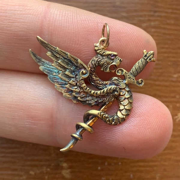 Antique 10K 14K 585 Yellow Gold Griffin Dragon Converted Pin Charm Pendant Riker Bros Brothers Newark