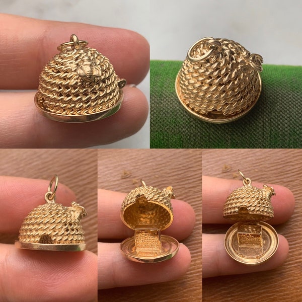 Vintage 14K 585 Yellow Gold Bee Beehive Honey Honeycomb Queen Moveable Pendant Charm