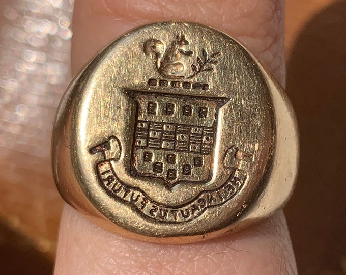Antique Vintage 14K 585 Yellow Gold Squirrel Acorn Family Crest Signet ...