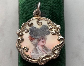 Antique 750 Silver Portrait Lady Woman Hat Enamel Floral Flower Pendant Slide Locket