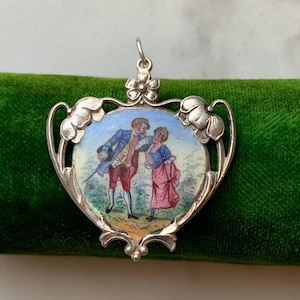 Antique Sterling Silver 925 Enamel Classical Portrait Couple Floral Flower Pendant