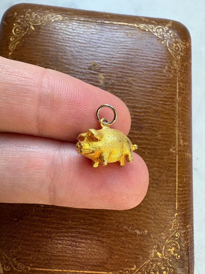 May include: A small, gold-colored pig charm with a textured surface. The pig has visible details like ears, snout, and legs. It is suspended from a small ring. The charm is held against a brown, textured background.