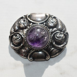 Antique 800 Silver Amethyst Cabochon Antique Art Nouveau Arts and Crafts Brooch Pin