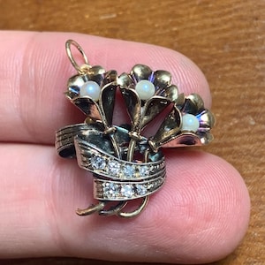 Vintage 10K Gold Pearl Diamond Flower Pendant