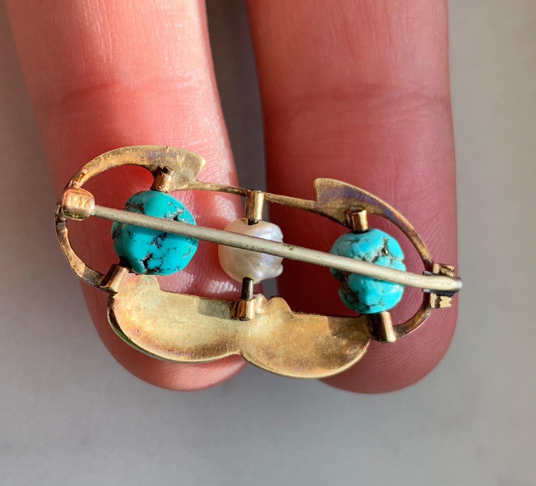 Broche Ancienne En Or Rose 14K 585/1000 Avec Turquoise - Bijou Vintage - Bon état