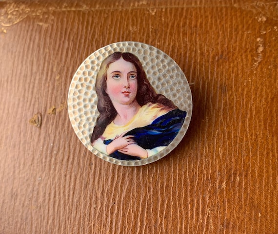 Antique 900 Silver Enamel Lady Woman Portrait Brooch Pin