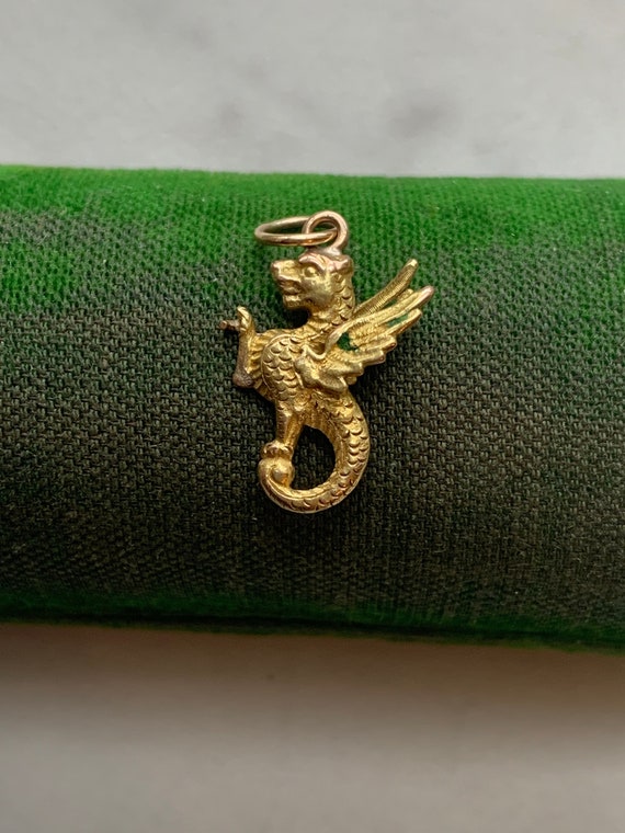 Antique 14K 585 Gold Green Enamel Griffin Dragon S
