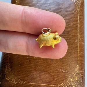 May include: A small, gold-colored pig charm with a textured surface. The charm has tiny legs, a curled tail, and a loop for attaching to a necklace or bracelet. The charm is held in front of a brown, decorative box.