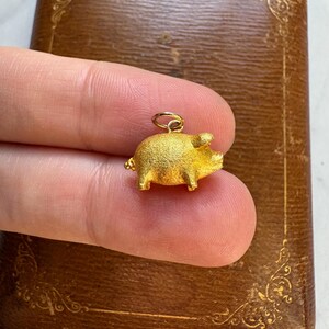 May include: A small, gold-colored pig charm with a textured surface. The charm is suspended from a small loop, suggesting it could be used as a pendant or charm. The pig is held between fingers against a brown background.