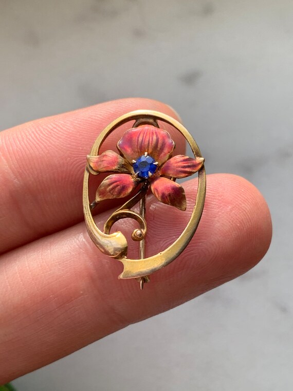 Antique 10K Yellow Gold Enamel Flower Floral Art … - image 10