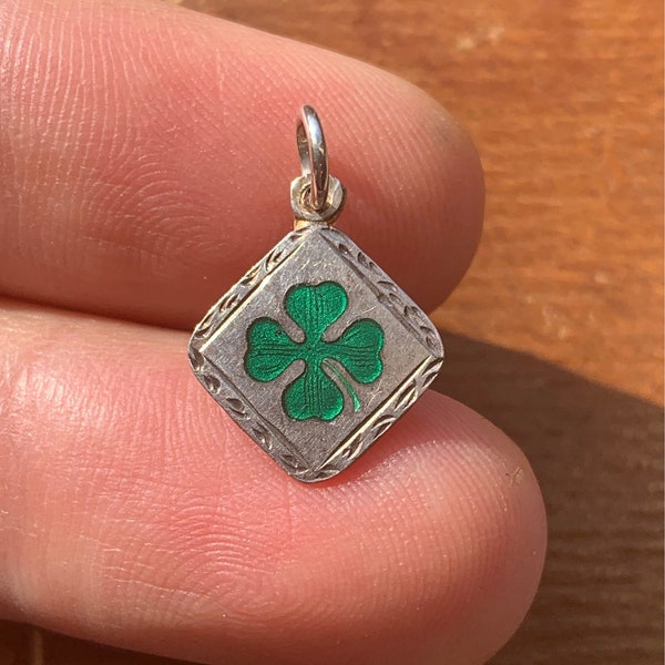 Antique Vintage Silver Four Leaf Enamel Clover Lucky Luck Charm Pendant